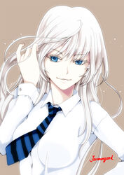  blue_eyes breasts closed_mouth commentary_request female ivuki jormungand_(manga) koko_hekmatyar long_hair looking_at_viewer necktie simple_background smile solo white_hair 