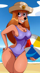  2019 5_fingers absurd_res anthro ball beach beach_ball big_breasts black_nose breasts canid canine canis cleavage clothed clothing disney domestic_dog female fingers flower goof_troop hair hand_on_hip hat headgear headwear hi_res huge_breasts inflatable long_hair looking_at_viewer mammal one-piece_swimsuit orange_hair outside plant sand seaside smile solo sonson-sensei stacey_(goof_troop) swimwear thick_thighs thigh_gap water 