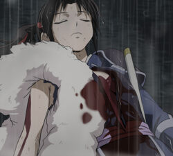  black_hair blood blood_on_clothes breasts closed_eyes closed_mouth death female han&#039;you_no_yashahime haruyama_kazunori injury inuyasha long_hair lying on_back ponytail rain setsuna_(inuyasha) solo spoilers wet wet_clothes wet_hair 