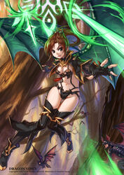  armor bare_tree bikini_armor black_capelet black_eyes black_footwear black_gloves black_thighhighs breasts brown_hair capelet dragon_wings female fingerless_gloves flying forest full_body gloves green_wings long_hair looking_at_viewer magic monster nature navel open_mouth original ponytail shoes small_breasts smile solo thighhighs tree wings wolksheep 