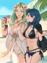  1boy 4girls beach bikini black_bikini blonde_hair blue_eyes blue_hair blue_sky breasts brown_hair byleth_(female)_(fire_emblem) byleth_(female)_(summer)_(fire_emblem) byleth_(fire_emblem) cleavage closed_eyes commentary_request dagger day dorothea_arnault dorothea_arnault_(summer) eating fire_emblem fire_emblem:_three_houses fire_emblem_heroes flower food green_eyes green_hair hair_flower hair_ornament hat highres holding ingrid_brandl_galatea ingrid_brandl_galatea_(summer) knife long_hair multiple_girls official_alternate_costume open_mouth outdoors red_hair rhea_(fire_emblem) rhea_(summer)_(fire_emblem) sawarame sheath sheathed sky swimsuit sylvain_jose_gautier sylvain_jose_gautier_(summer) takoyaki topless_male water weapon 