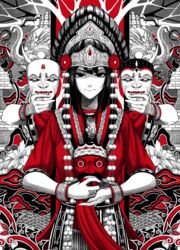  black_hair commentary elephant female headdress highres holding holding_mask indonesian_clothes long_hair looking_at_viewer mask monochrome original pom_pom_(clothes) red_shirt shirt wristband yugo_(yugotme97) 