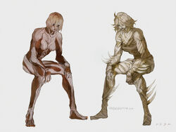  2girls arm_rest bad_id bad_twitter_id barbariccia barefoot blue_eyes closed_mouth comparison crossover exposed_muscle female_titan final_fantasy final_fantasy_xiv full_body hair_between_eyes invisible_chair leaning_forward looking_at_viewer medium_hair multiple_girls nude q6q6tikin shingeki_no_kyojin simple_background sitting spikes titan_(shingeki_no_kyojin) trait_connection twitter_username white_background 