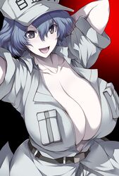  :d black_eyes blue_hair breasts cabbie_hat cleavage colored_skin commentary_request female hair_between_eyes hat hataraku_saibou hataraku_saibou_black highres huge_breasts looking_at_viewer open_mouth short_hair short_sleeves smile solo tsukasawa_takamatsu u-1212 white_blood_cell_(hataraku_saibou) white_skin 