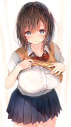  :o black_skirt blue_eyes blush bow bowtie breasts brown_hair collared_shirt dress_shirt female hands_on_own_chest highres large_breasts lifting_own_clothes long_hair looking_at_viewer miniskirt original pleated_skirt red_bow school_uniform shirt short_sleeves simple_background skirt solo sune_(mugendai) sunshine_creation sweater_vest vest_lift white_shirt 