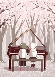  1boy :d avogado6 bench black_footwear black_pants black_skirt blind boots cane cherry_blossoms commentary female forest from_behind grand_piano green_hair highres hood hood_down hooded_jacket instrument jacket long_sleeves music nature on_bench open_mouth original outdoors pants piano playing_instrument playing_piano reflection shirt shoes sitting skirt smile snake_hair translated tree white_cane white_footwear white_hair white_jacket white_shirt 