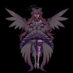  angel_wings barefoot black_background bow breasts cone_hair_bun detached_collar detached_sleeves dress english_commentary female full_body hair_bun hen-tie heterochromia high-low_skirt highres ironmouse ironmouse_(fallen_angel) jewelry looking_at_viewer medium_breasts nail_polish official_art pink_bow pink_eyes pink_hair purple_eyes purple_hair single_thighhigh smile solo thigh_strap thighhighs toe_ring toenail_polish toenails virtual_youtuber vshojo white_dress wings 