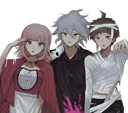  2boys :o absurdres ahoge alternate_hair_ornament apron bad_id bad_pixiv_id bandages black_footwear black_pants blunt_bangs breasts brown_hair capelet commentary cosplay crazy_eyes danganronpa_(series) danganronpa_2:_goodbye_despair death_(entity) female galaga grey_hair grim_reaper grim_reaper_(cosplay) hair_between_eyes hair_ornament halloween_costume highres hinata_hajime holding holding_mask hood hood_down komaeda_nagito large_breasts little_red_riding_hood_(grimm) little_red_riding_hood_(grimm)_(cosplay) looking_at_viewer mask mask_on_head multiple_boys mummy_costume nail_polish nanami_chiaki open_mouth pants red_capelet red_nails red_ribbon red_skirt ribbon short_hair simple_background skirt sleeping teeth triangle_hair_ornament upper_teeth_only uyu_(uyuchaxx) waist_apron white_apron white_background 