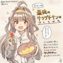  ahoge alternate_costume beige_background brown_hair chicken_(food) commentary_request double_bun female food hair_bun hairband highres kantai_collection kirisawa_juuzou kongou_(kancolle) long_hair purple_eyes scarf smile solo sparkle spice traditional_media translation_request twitter_username upper_body white_scarf 