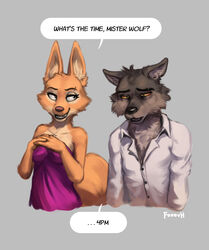  2022 anthro black_nose breasts brown_body brown_fur canid canine canis clothed clothing dialogue diane_foxington dick_flattening digital_media_(artwork) dreamworks dress dress_shirt duo english_text eyebrow_piercing eyebrows facial_piercing female fox foxovh fur gesture grey_background half-closed_eyes hi_res looking_at_another male male/female mammal meme mr._wolf_(the_bad_guys) narrowed_eyes open_mouth open_smile orange_body orange_fur piercing shaded shirt signature simple_background smile speech_bubble steepled_fingers teeth text the_bad_guys tired topwear wolf 