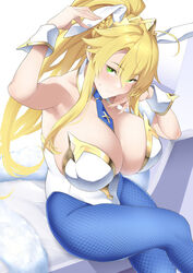  ahoge animal_ears artoria_pendragon_(fate) artoria_pendragon_(swimsuit_ruler)_(fate) bare_shoulders blonde_hair blue_pantyhose blush braid breasts cleavage crossed_legs detached_collar fate/grand_order fate_(series) female fishnet_pantyhose fishnets french_braid green_eyes hair_between_eyes highleg highleg_leotard large_breasts leotard long_hair looking_at_viewer necktie pantyhose playboy_bunny ponytail rabbit_ears sidelocks sitting soba_(saz) solo thighs tiara white_leotard wrist_cuffs 