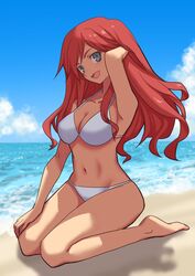  arm_behind_back bikini blue_eyes breasts cloud commentary female grey_eyes hand_on_own_knee highres large_breasts md5_mismatch navel open_mouth outdoors pink_hair pose red_hair sitting sky smile solo somasoutaro swimsuit symbol-only_commentary white_bikini 