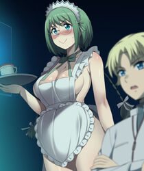  1boy :&gt; apron blonde_hair blue_eyes blurry blush braid breasts crossed_arms depth_of_field female glasses green_hair honda_naoki large_breasts long_hair maid_headdress midorikawa_lettuce naked_apron shirogane_ryou sweatdrop tokyo_mew_mew twin_braids 