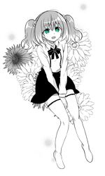  aqua_eyes bow bowtie casual female flower from_above greyscale hair_flower hair_ornament highres hiiragi_nana looking_up miniskirt monochrome munou_na_nana no_shoes open_mouth sitting skirt smile solo spot_color thighhighs twintails yukisa 