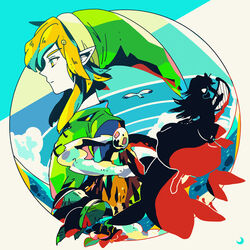  1boy bird blonde_hair cloud female green_headwear highres link lyre marin_(zelda) medium_hair mizuki_tsukimori pointy_ears seagull sidelocks silhouette the_legend_of_zelda the_legend_of_zelda:_link&#039;s_awakening wind_fish windfish&#039;s_egg 