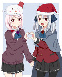  2girls absurdres christmas cierra_runis gem hair_between_eyes hair_ribbon hat highres jacket jewelry long_hair looking_at_viewer medium_hair mia_runis multiple_girls open_mouth overidea pink_hair red_eyes ribbon ryucchi santa_hat school_uniform shirt simple_background skirt smile snowman_costume twintails virtual_youtuber white_shirt 