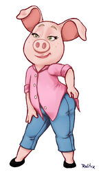  2017 anthro clothing domestic_pig female footwear green_eyes hi_res illumination_entertainment mammal rosita_(sing) rubtox signature simple_background sing_(movie) smile solo suid suina sus_(pig) 