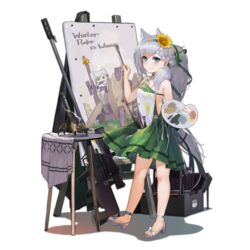  alternate_costume animal_ears anti-materiel_rifle bangs blush braid breasts canvas_(object) choker closed_mouth dress easel female flower full_body girls_frontline green_dress green_eyes green_hairband green_ribbons grey_hair gun hair_between_eyes hair_flower hair_ornament hair_over_shoulder hair_ribbon hairband holding holding_paintbrush ksvk_(girls_frontline) ksvk_12.7 long_hair looking_at_viewer official_art paintbrush painting painting_(object) palette pandea_work ponytail ribbon rifle sandals smile sniper_rifle solo standing sunflower table transparent_background very_long_hair weapon younger 