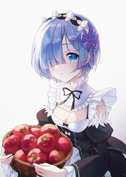  apple bad_id bad_pixiv_id basket blue_eyes blue_hair breasts cleavage detached_sleeves eyes_visible_through_hair female food fruit hair_ornament hair_over_one_eye highres looking_at_viewer maid re:zero_kara_hajimeru_isekai_seikatsu rem_(re:zero) roswaal_mansion_maid_uniform short_hair solo x_hair_ornament yon_(tellmedoor) 