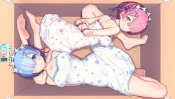  2girls absurdres alternate_costume arms_behind_back bare_legs bare_shoulders barefoot blue_eyes blue_hair blue_nails blush bound bound_arms box breasts cardboard_box chinese_commentary collarbone commentary_request dress feet from_above full_body hair_ornament hair_over_one_eye hair_ribbon hairband hairclip highres in_box in_container lolita_hairband looking_at_viewer lying medium_breasts multiple_girls nail_polish on_back pink_eyes pink_hair pink_ribbon pink_rope purple_ribbon ram_(re:zero) re:zero_kara_hajimeru_isekai_seikatsu rem_(re:zero) ribbon rope short_hair siblings sisters sleeveless sleeveless_dress soles spread_legs sundress toenail_polish toenails twins weibo_watermark white_dress x_hair_ornament xiaoxi0619 