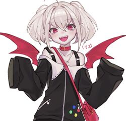  bad_id bad_pixiv_id bag bat_wings black_sweater collar female flat_chest handbag makaino_ririmu makaino_ririmu_(2nd_costume) nijisanji off-shoulder_sweater off_shoulder open_mouth pointy_ears puchipuchi red_bag red_collar red_eyes red_wings smile solo sweater twintails vampire virtual_youtuber white_background white_hair wings 