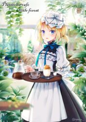  apron black_dress blonde_hair blue_eyes blush bow coffee coffee_pot commentary_request cup dalgona_coffee dress drinking_glass english_text female frilled_apron frills glass_plate glass_teacup hanging_plant hat highres holding holding_tray jug_(bottle) layered_sleeves light_bulb long_sleeves looking_at_viewer mob_cap nyanya open_mouth original pleated_dress puffy_short_sleeves puffy_sleeves saucer shirt short_over_long_sleeves short_sleeves sleeveless sleeveless_dress smile solo teacup transparent tray twitter_username white_apron white_bow white_hat white_shirt 