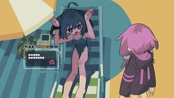  2girls ahoge alternate_costume anger_vein animal_hood arms_up barefoot beach_chair beach_umbrella black_hair black_hoodie character_name chinese_commentary chinese_text commentary detached_ahoge dialogue_box facing_away from_above frown game_boy handheld_game_console health_bar highleg highleg_swimsuit highres hood hood_down hoodie jitome knee_up leotard litamisu looking_at_another multiple_girls no_headgear open_mouth purple_hair purple_hoodie rabbit_hood rabbit_pose reclining red_eyes school_swimsuit scrunchie shade short_hair short_hair_with_long_locks speech_bubble spoken_anger_vein standing swimsuit touhoku_kiritan translated twintails two-tone_hoodie umbrella v-shaped_eyebrows vocaloid voiceroid wrist_scrunchie yuzuki_yukari 