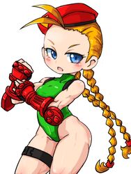  antenna_hair beret blonde_hair blue_eyes braid cammy_white chest_harness commentary_request cowboy_shot female fingerless_gloves gloves green_leotard harness hat highleg highleg_leotard leotard long_hair low_twintails mr_kunimitsu red_gloves red_hat simple_background solo standing street_fighter street_fighter_v thigh_strap turtleneck turtleneck_leotard twin_braids twintails white_background 