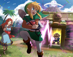  2boys bald belt bird blonde_hair blue_dress blue_eyes blue_sky boots bow brown_footwear bug butterfly character_request cloud commentary_request day dress egg energy_gun evil_eyes evil_smile female gonzarez green_headwear holding holding_shield hylian_shield link long_hair long_sleeves marin_(zelda) merchant multiple_boys outdoors palm_tree pointy_ears red_bow running seagull shield short_sleeves shovel sky smile the_legend_of_zelda the_legend_of_zelda:_link&#039;s_awakening theft town_tool_shopkeeper_(link&#039;s_awakening) translated tree v-shaped_eyebrows waving weapon windfish&#039;s_egg 