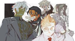  blonde_hair blood captain_(hellsing) doctor_(hellsing) female glasses gloves hellsing highres jacket major_(hellsing) mgong520 multiple_boys necktie red_eyes red_necktie rip_van_winkle schroedinger_(hellsing) white_gloves white_hair 