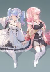  2girls absurdres atelier_(series) atelier_ryza atelier_ryza_2 azur_lane chinese_commentary commentary_request cosplay costume_switch crossover dress full_body highres jiantai looking_at_viewer multiple_girls oozora_naomi patricia_abelheim patricia_abelheim_(cosplay) perseus_(azur_lane) perseus_(azur_lane)_(cosplay) pink_eyes pink_hair simple_background voice_actor_connection white_dress 