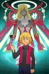  1boy armor blonde_hair blue_eyes card gloves guilhermerm highres judgement_(tarot) looking_at_viewer male_focus monado persona short_hair shulk_(xenoblade) simple_background smile spoilers super_smash_bros. sword tarot vest weapon wings xenoblade_chronicles_(series) xenoblade_chronicles_1 zanza_(xenoblade) 