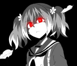  black_background female flower glowing glowing_eyes greyscale hair_flower hair_ornament highres hiiragi_nana leaf looking_at_viewer monochrome munou_na_nana red_eyes school_uniform serafuku simple_background solo spot_color twintails upper_body yukisa 