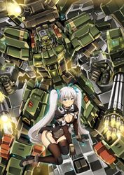  absurdres arm_cannon bad_id bad_pixiv_id blue_eyes blush breasts chain_gun cleavage_cutout clenched_hands clothing_cutout commentary covered_navel english_commentary female firing garimpeiro glowing glowing_eyes green_eyes highres leaning_to_the_side mecha medium_breasts original parted_lips pilot_suit robot science_fiction shoulder_cannon sitting thighhighs twintails weapon white_hair 