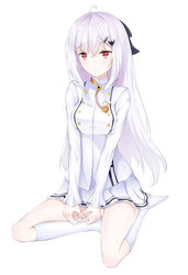  absurdres breasts clark_(159123) closed_mouth female full_body girls&#039;_frontline hair_ornament hair_ribbon hairclip highres iws_2000_(girls&#039;_frontline) jacket long_hair long_sleeves looking_at_viewer no_shoes red_eyes ribbon seiza sitting skirt socks solo uniform white_background white_hair white_jacket white_skirt white_socks 