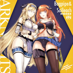  2girls arknights bagpipe_(arknights) bandeau bare_shoulders black_panties black_thighhighs blonde_hair blue_hairband blue_skirt breasts character_name commentary copyright_name cowboy_shot hairband highres horns kingdom_of_victoria_logo long_hair looking_at_viewer medium_breasts midriff miniskirt multiple_girls navel open_mouth orange_hair panties pleated_skirt purple_eyes saileach_(arknights) skirt standing stomach strapless thighhighs thighs tube_top underwear very_long_hair white_legwear white_panties zarathuta 