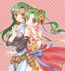  2girls armor belt blush breastplate double_bun dress earrings erinys_(fire_emblem) fire_emblem fire_emblem:_genealogy_of_the_holy_war flower green_eyes green_hair hair_bun head_wreath holding holding_behind_back jewelry long_hair multiple_belts multiple_girls open_mouth ribbon silvia_(fire_emblem) sui_(aruko91) wreath 