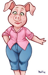  2017 anthro bottomwear clothing domestic_pig female green_eyes illumination_entertainment lipstick makeup mammal pants rosita_(sing) rubtox shirt signature simple_background sing_(movie) solo suid suina sus_(pig) topwear 