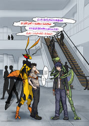  4_arms angry antennae_(anatomy) anthro arris_(colrin) arthropod blue_hair bottomwear clothed clothing colrin_(artist) crowd detailed_background dialogue english_text escalator eye_contact female finn_(colrin) green_body green_skin group hair hara_(colrin) hi_res human human_on_anthro hymenopteran insects inside interspecies larger_anthro larger_female layla_(colrin) looking_at_another male mammal mantis multi_arm multi_limb nude pants possessive red_eyes shirt size_difference smaller_human smaller_male speech_bubble standing text topwear unknown_language wasp white_body white_skin wings 