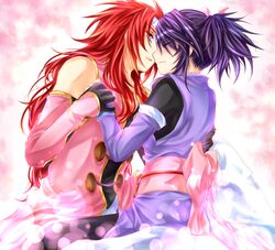  1boy bad_id bad_pixiv_id blue_eyes blush bow closed_eyes couple female fujibayashi_sheena gloves headband high_ponytail holding_hands imminent_kiss jacket long_hair pink_background pink_bow ponytail purple_hair red_hair short_hair straight tales_of_(series) tales_of_symphonia yuuna_minato zelos_wilder 