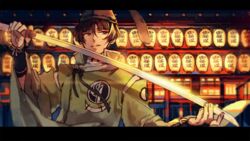  bangs brown_hair hat ishikirimaru japanese_clothes kariginu katana lantern letterboxed male_focus paper_lantern parted_lips sinsora solo sword touken_ranbu weapon 