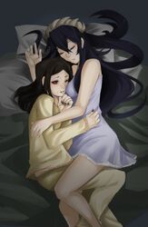  2girls artist_request between_breasts black_hair black_nails breasts brown_hair carol_(skullgirls) eyeshadow filia_(skullgirls) hair_between_eyes hair_down head_between_breasts highres imageboard_desourced long_hair makeup medium_breasts multiple_girls nail_polish nightgown non-web_source nose one_eye_closed pajamas parted_bangs pillow red_eyes samson_(skullgirls) scar skullgirls sleeping stitches yuri 