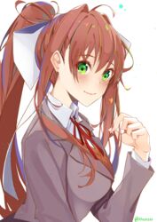  brown_hair collared_shirt commentary doki_doki_literature_club english_commentary eyes_visible_through_hair female green_eyes grey_jacket hair_between_eyes hair_ribbon highres jacket long_hair looking_at_viewer monika_(doki_doki_literature_club) ponytail ribbon school_uniform shirt simple_background smile solo twitter_username upper_body white_background white_ribbon white_shirt wing_collar xhunzei 