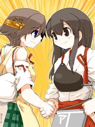  2girls akagi_(kancolle) apron black_hair blue_eyes boots brown_eyes brown_hair commentary_request cowboy_shot detached_sleeves emphasis_lines eye_contact flipped_hair green_skirt hairband hakama hakama_short_skirt hakama_skirt handshake hiei_(kancolle) japanese_clothes kanoe_soushi kantai_collection long_hair looking_at_another multiple_girls muneate parody red_skirt ribbon-trimmed_sleeves ribbon_trim short_hair skirt smile straight_hair thigh_boots thighhighs x-men_vs._street_fighter yellow_background 