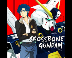  1boy blue_hair crossbone_gundam crossbone_gundam_x-1 crossed_arms green_eyes gundam jacket seabook_arno skull_and_crossbones text 