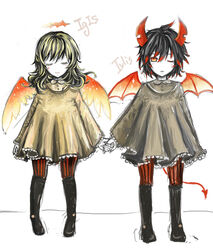  1boy aged_down angel_wings black_hair blonde_hair blush boots brother_and_sister closed_eyes commentary_request dress female funamusea haiiro_teien holding_hands igls_unth ivlis_(funamusea) lolicon long_hair multicolored_hair orange_eyes photoshop_(medium) red_hair short_hair siblings smile taiyou_no_jubaku wan_(kittychu12) wings 