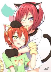  2girls ;d animal_ears animal_hands biting blush brown_hair cat_ears cat_paws cat_tail commentary_request ear_biting green_shirt hoshizora_rin love_live! love_live!_school_idol_project multiple_girls nishikino_maki off_shoulder one_eye_closed open_mouth photoshop_(medium) purple_eyes red_hair shirt short_hair smile t-shirt tail takanashi_sora_(soramyon) tsurime white_shirt yellow_eyes 