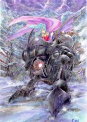  blizzard blue_eyes blue_hair breasts building cape capelet colored_pencil_(medium) commentary_request detached_sleeves dress earrings elbow_gloves energy_cannon female final_fantasy final_fantasy_vi gloves green_hair house jewelry lightning long_hair machinery magitek_armor mecha mountainous_horizon ponytail reverse-jointed_legs robot scan signature sio2_(nisankakeiso) snow snowing solo steam steampunk terra_branford traditional_media walker_(robot) 