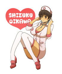  between_breasts black_hair blush breasts brown_eyes cleavage commentary_request dress female hat idolmaster idolmaster_cinderella_girls james_(jms-pnt) knees_together_feet_apart large_breasts loafers nurse nurse_cap oikawa_shizuku shoes short_dress short_hair sitting smile solo stethoscope thighhighs white_thighhighs 