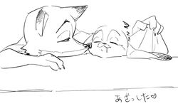  2016 anthro artrockt black_and_white bodily_fluids canid canine claws dipstick_ears disney drooling duo ear_markings female fox japanese_text judy_hopps lagomorph leporid male mammal monochrome multicolored_ears nick_wilde rabbit red_fox saliva simple_background sleeping sound_effects text true_fox vowelless vowelless_sound_effect white_background zootopia zzz 